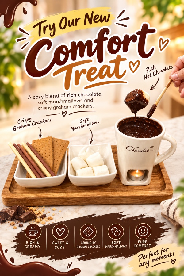 Crown Head Spa promo: try our new Comfort Treat, a cozy blend of rich chocolate, soft marshmallows, and crispy graham crackers. Perfect for any moment.
