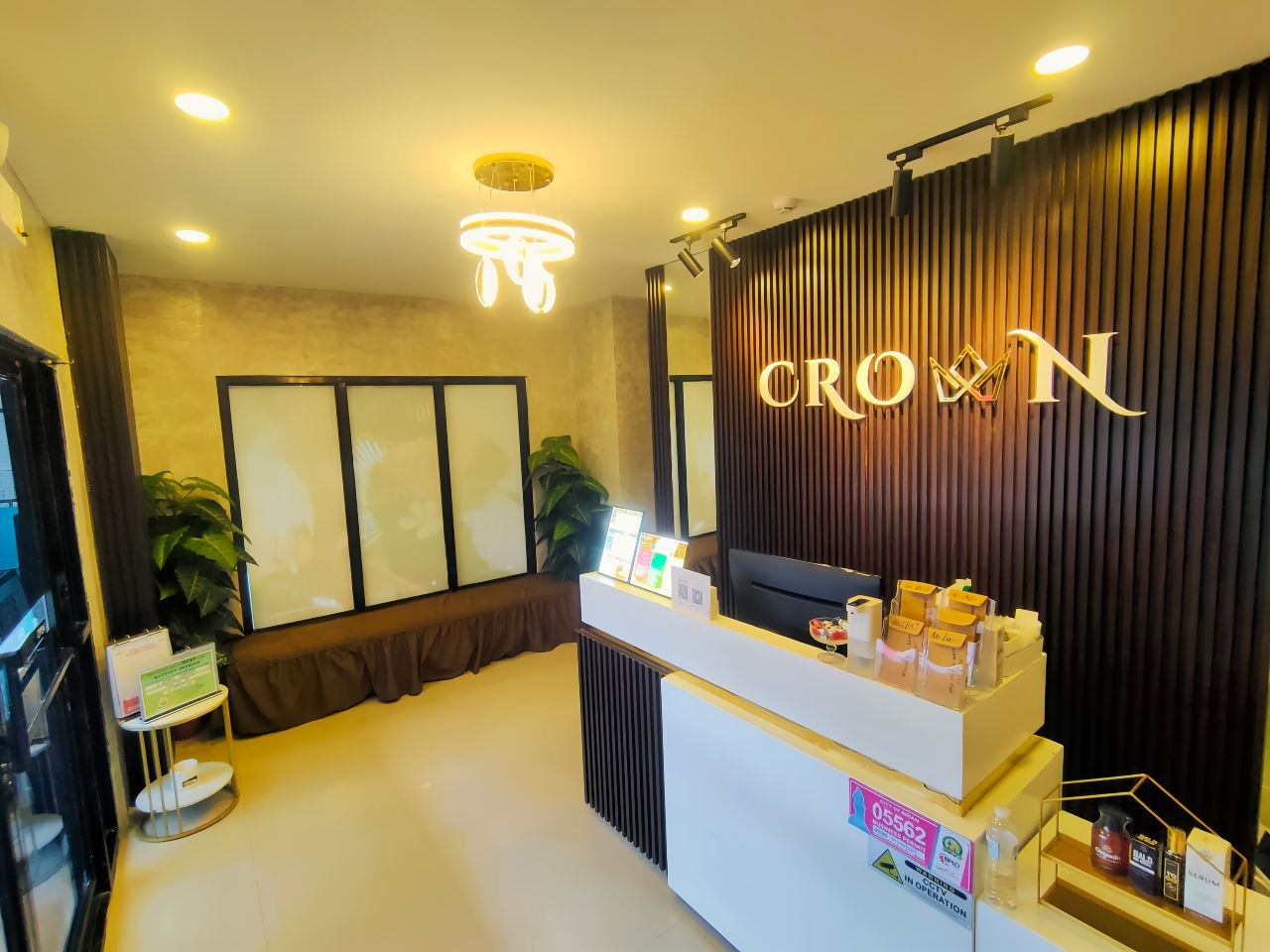 Bright wide view of the Crown reception area